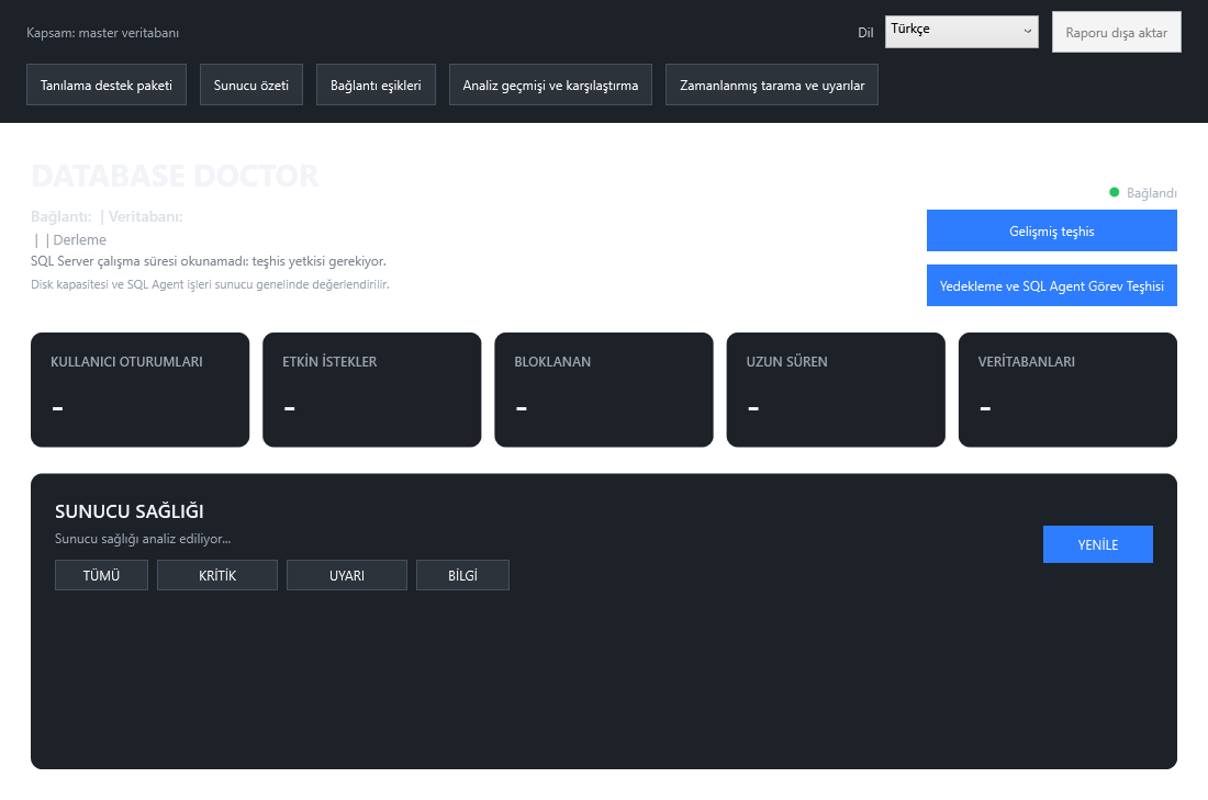 Database Doctor — Türkçe kontrol paneli, veri içermeyen arayüz görünümü