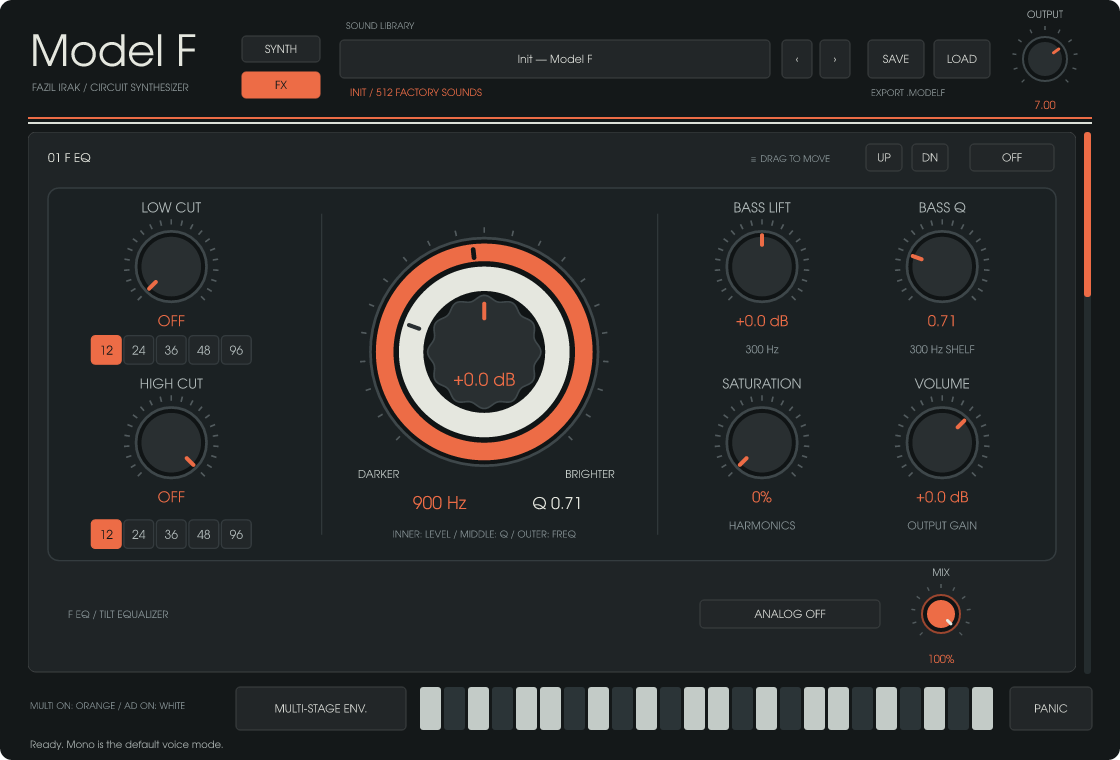 Model F — dahili FX sayfasındaki F EQ; efektler sürükle-bırak ile sıralanabilir